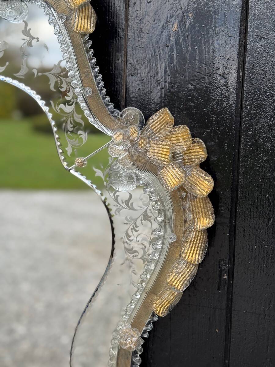 Venetian Murano Glass Mirror, Gilded with Fine Gold, Engraved Mirror, Circa 1950