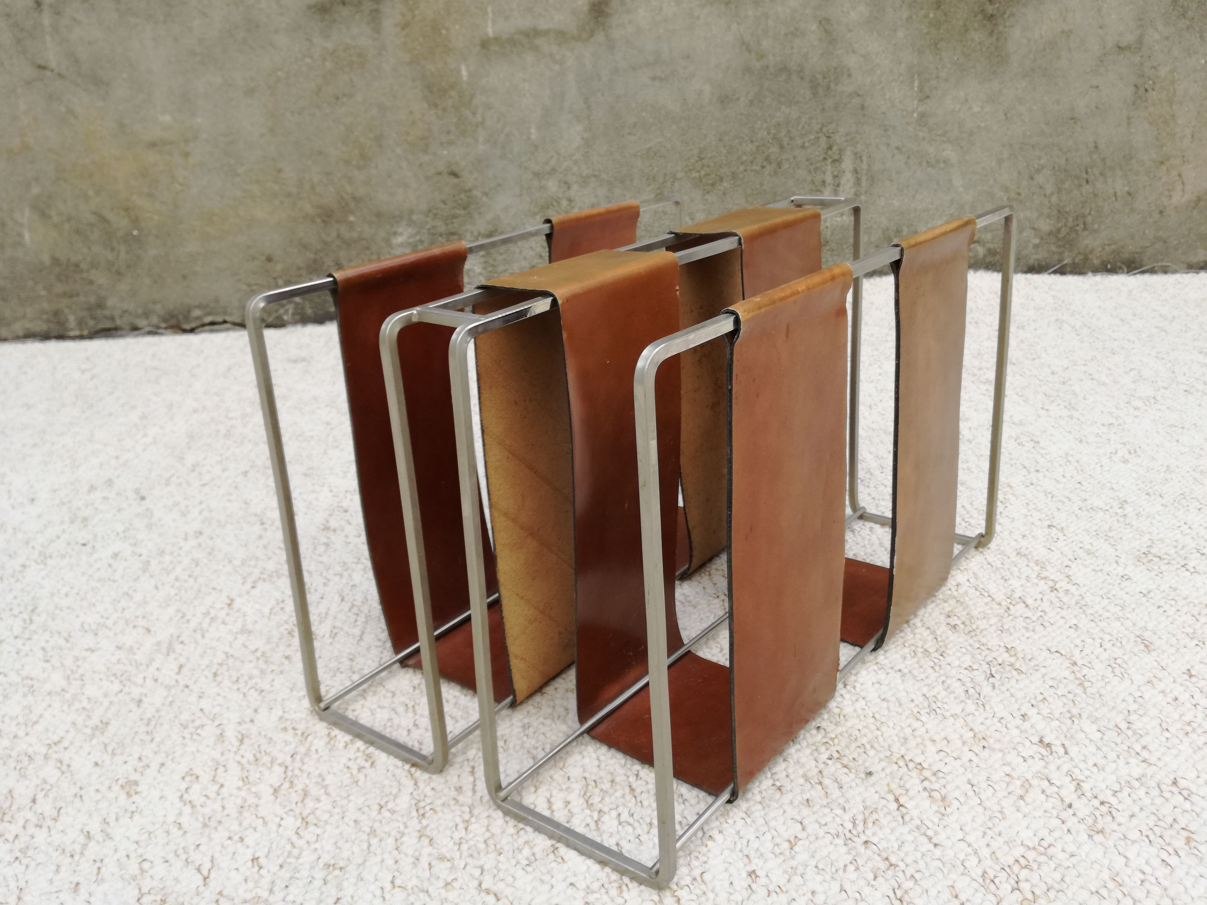 Minimalist metal and camel leather magazine holder