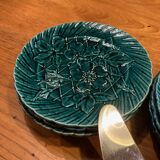 Set of 10 green earthenware dessert plates with a finely embossed floral pattern