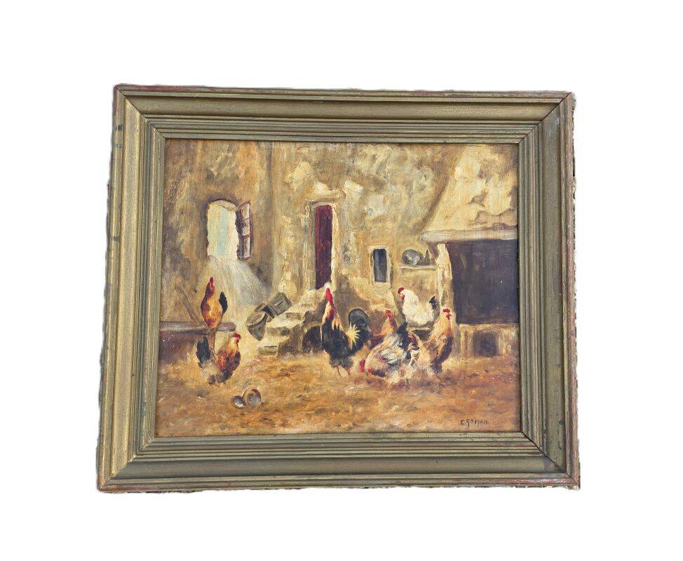 C. Roman Oil on Canvas Depicting Hens and a Rooster