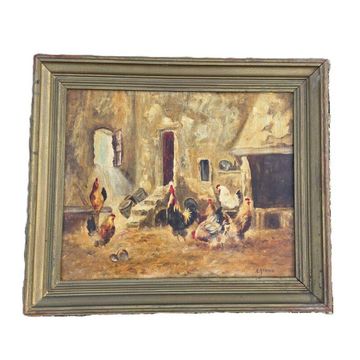 Huile sur toile représentant des poules et coqs, signée C. Roman
