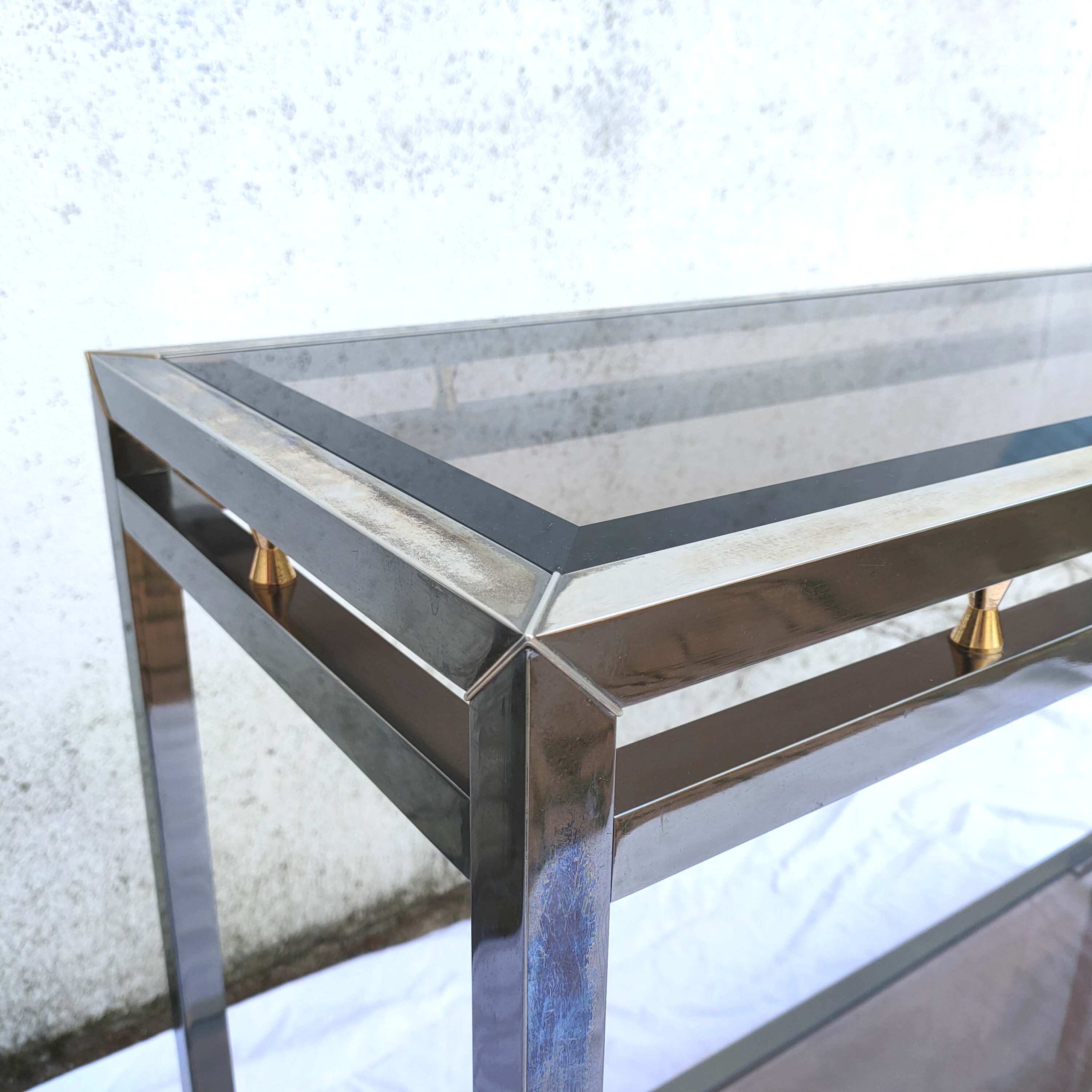 Table console vintage métal laiton et verre fumé biseauté