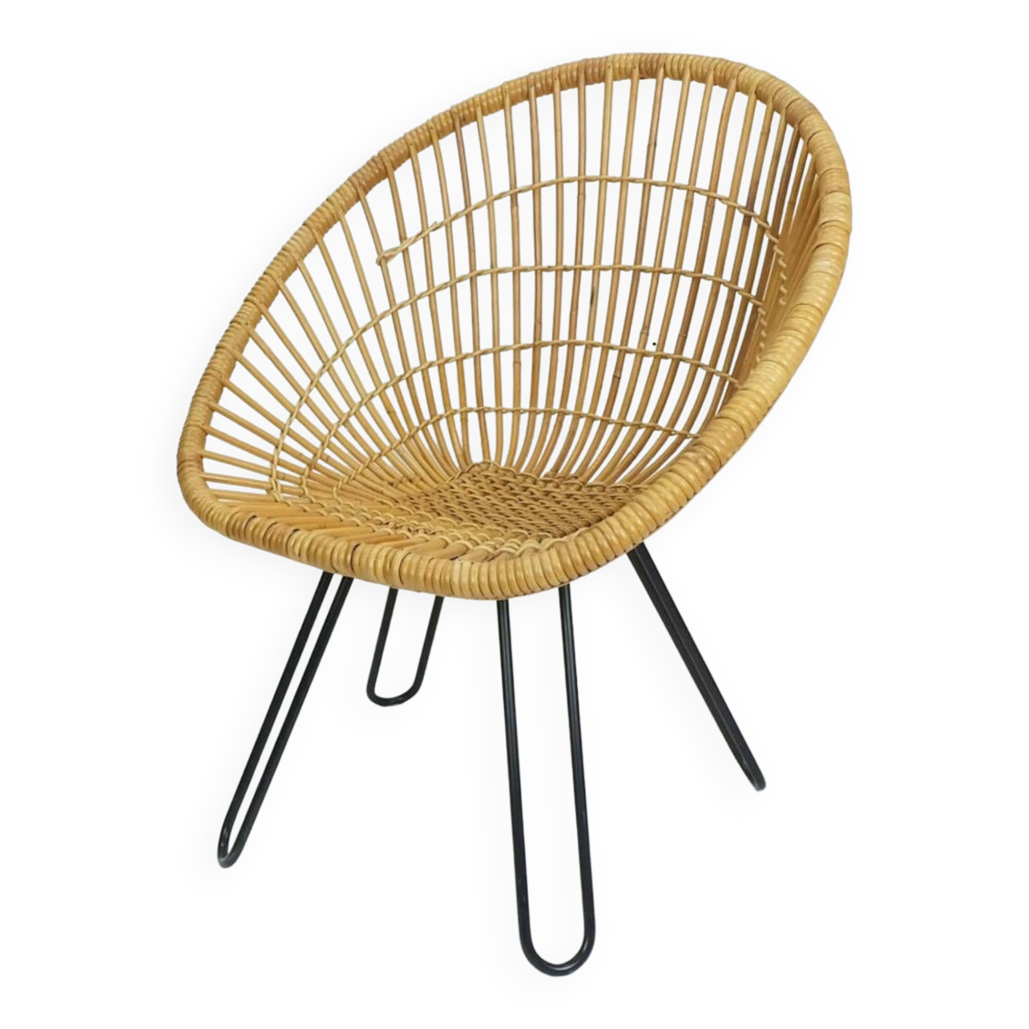 1960s mid century armchair bamboo wicker with hairpin legs
