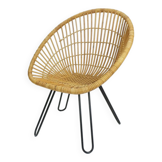 Non. 2 sur 3 - FAUTEUIL du milieu du siècle en osier de bambou des années 1960 avec pieds en épingle à cheveux