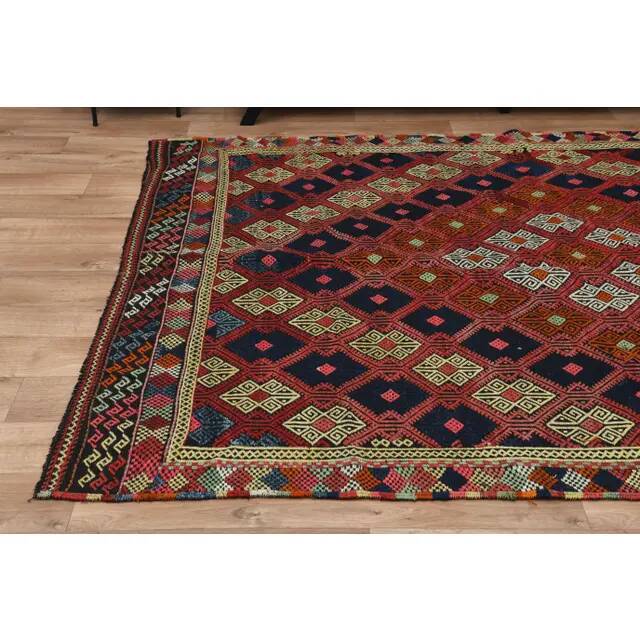 1970s Vintage Turkish Oushak Handmade Wool Cotton Red Kilim Rug 195x263