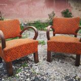Pair of Thonet armchairs from 1930 in wood and orange/brown fabric, Art Deco style.