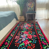 Vintage Romanian handwoven carpet with floral colorful design