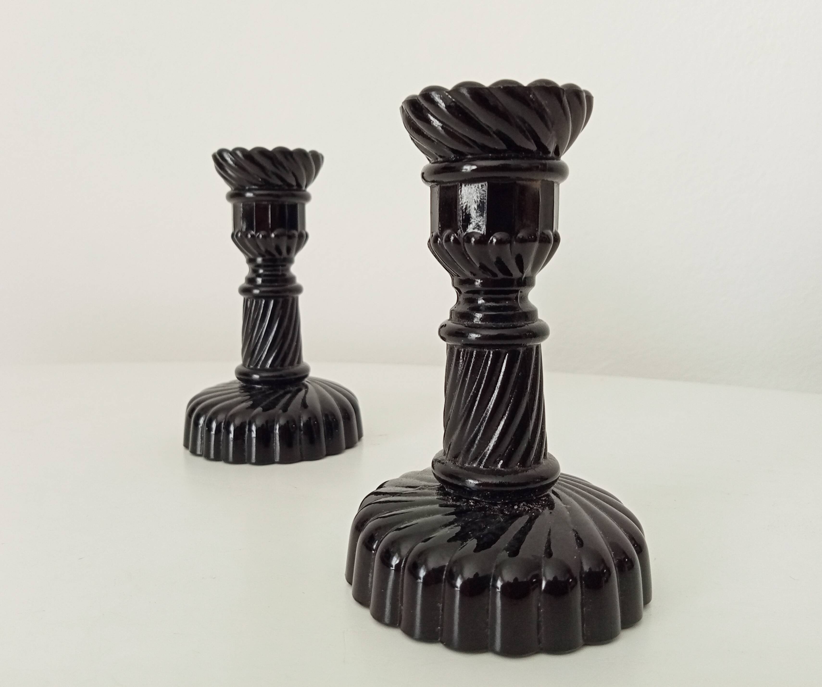 Pair of vintage 60s candlesticks in black opaline