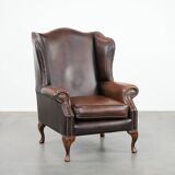 Brown smooth cow leather Chesterfield wingback armchair in English style