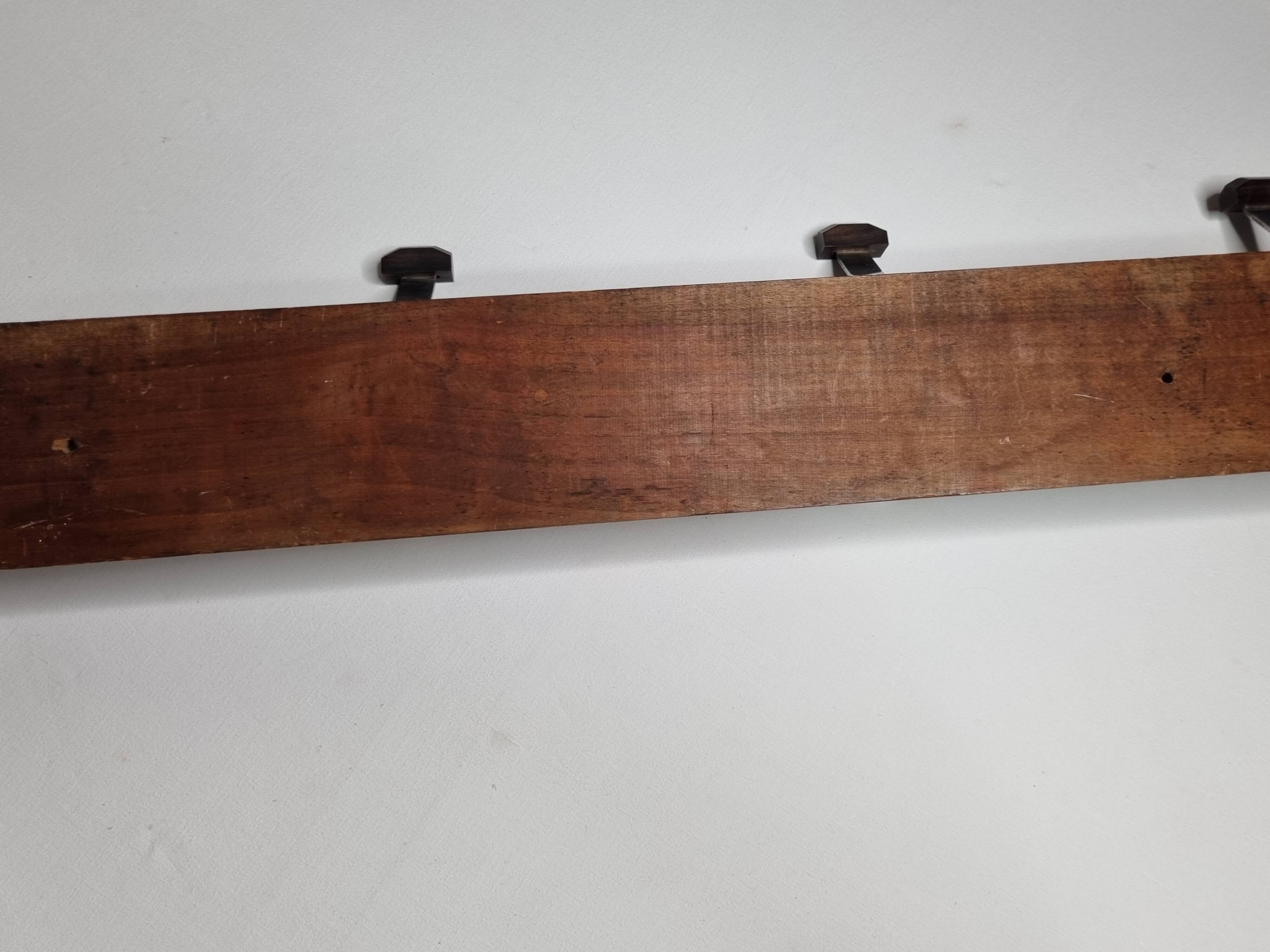 Wall-mounted coat rack in wood and metal, 4 hooks, industrial style, 100 cm