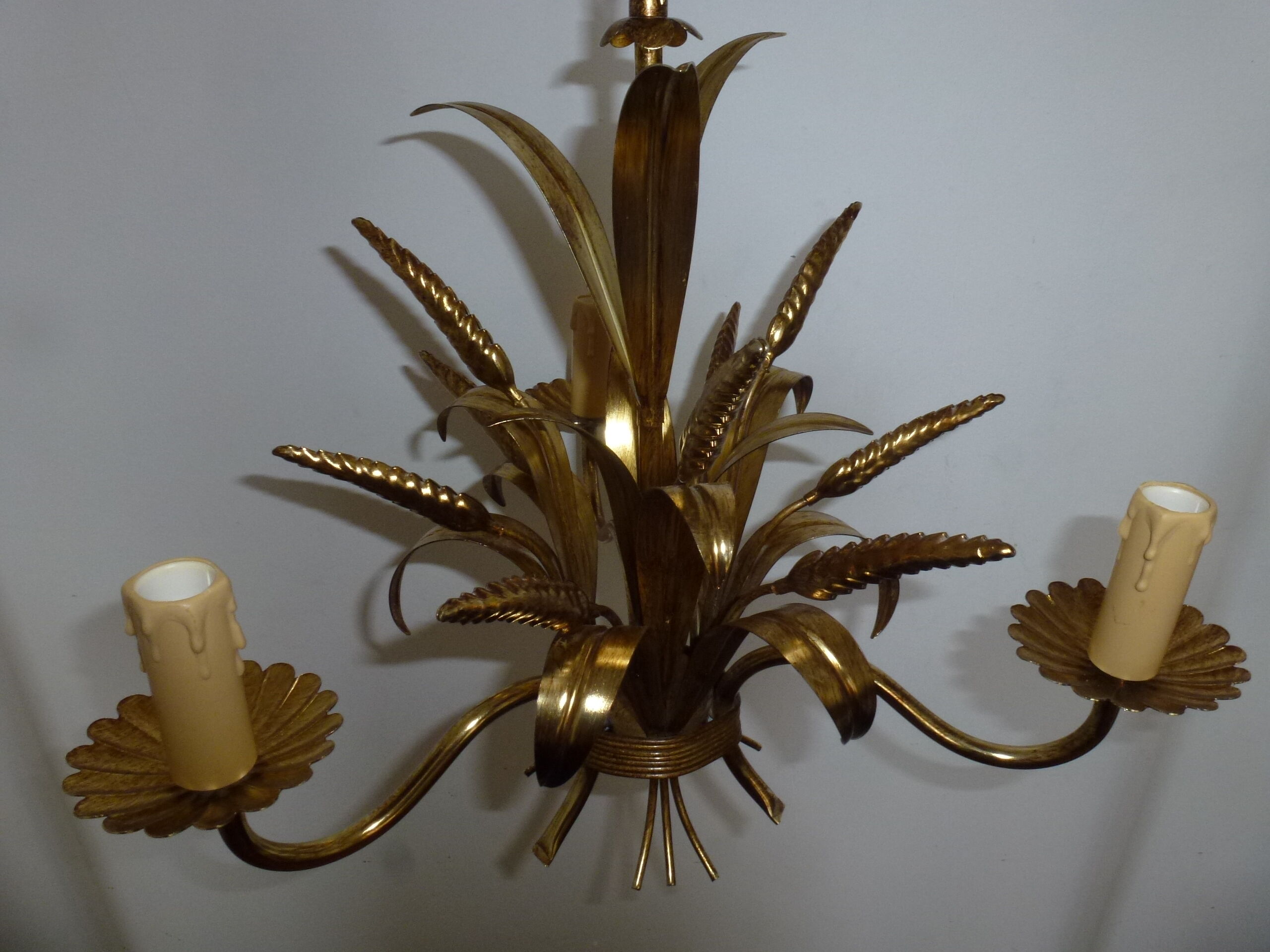 Wheat cob chandelier of the Masca House, gilded aged, 3 fires, 70s/80s
