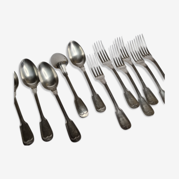 Set of 12 cutlery, tablespoons and fork, hallmark "white metal", 21 cm