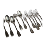 Set of 12 cutlery, tablespoons and fork, hallmark "white metal", 21 cm