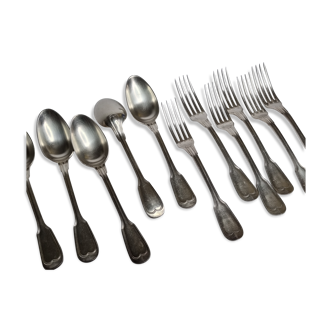 Set of 12 cutlery, tablespoons and fork, hallmark "white metal", 21 cm