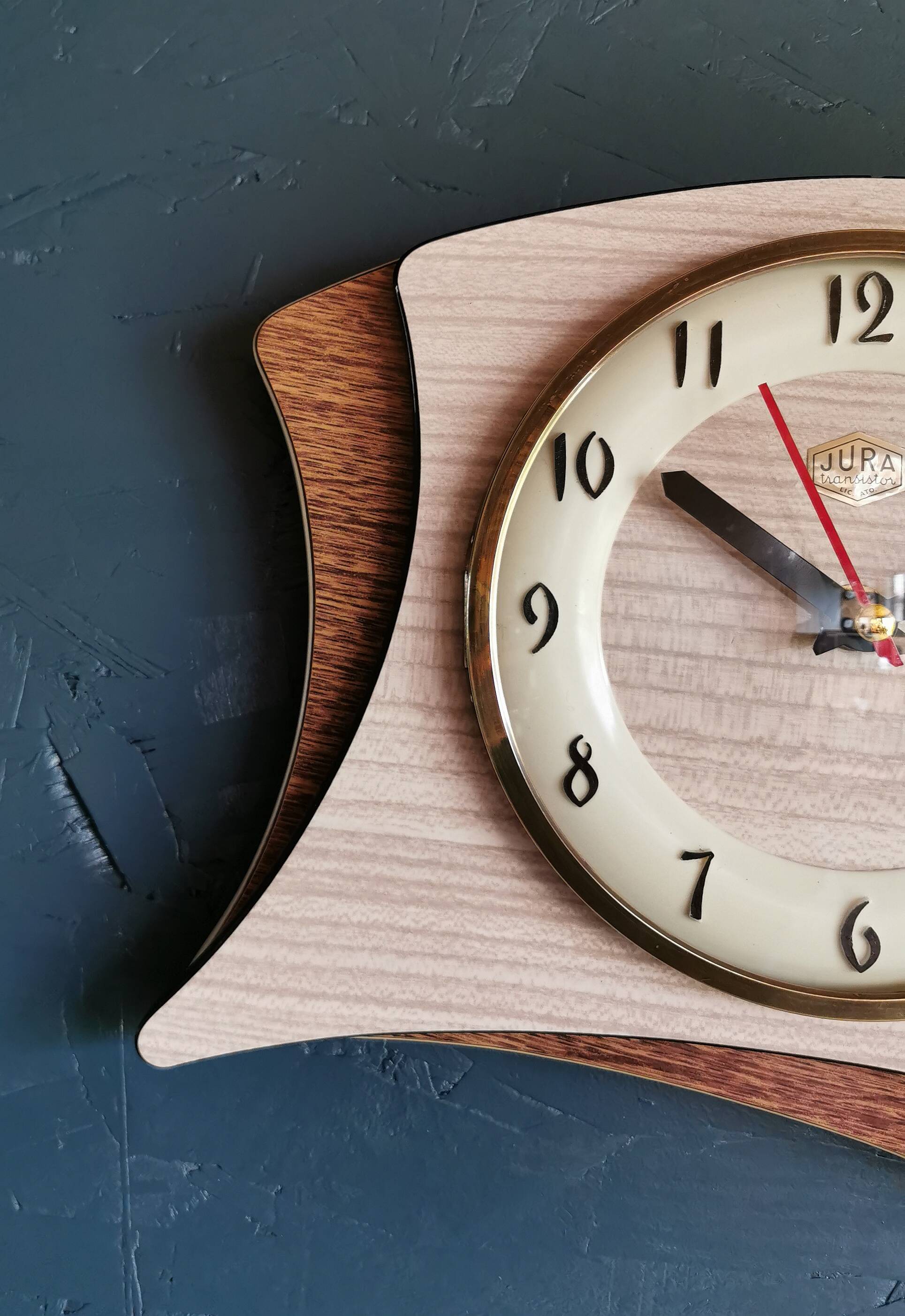 Vintage formica clock silent asymmetrical wall pendulum "Jura bois"