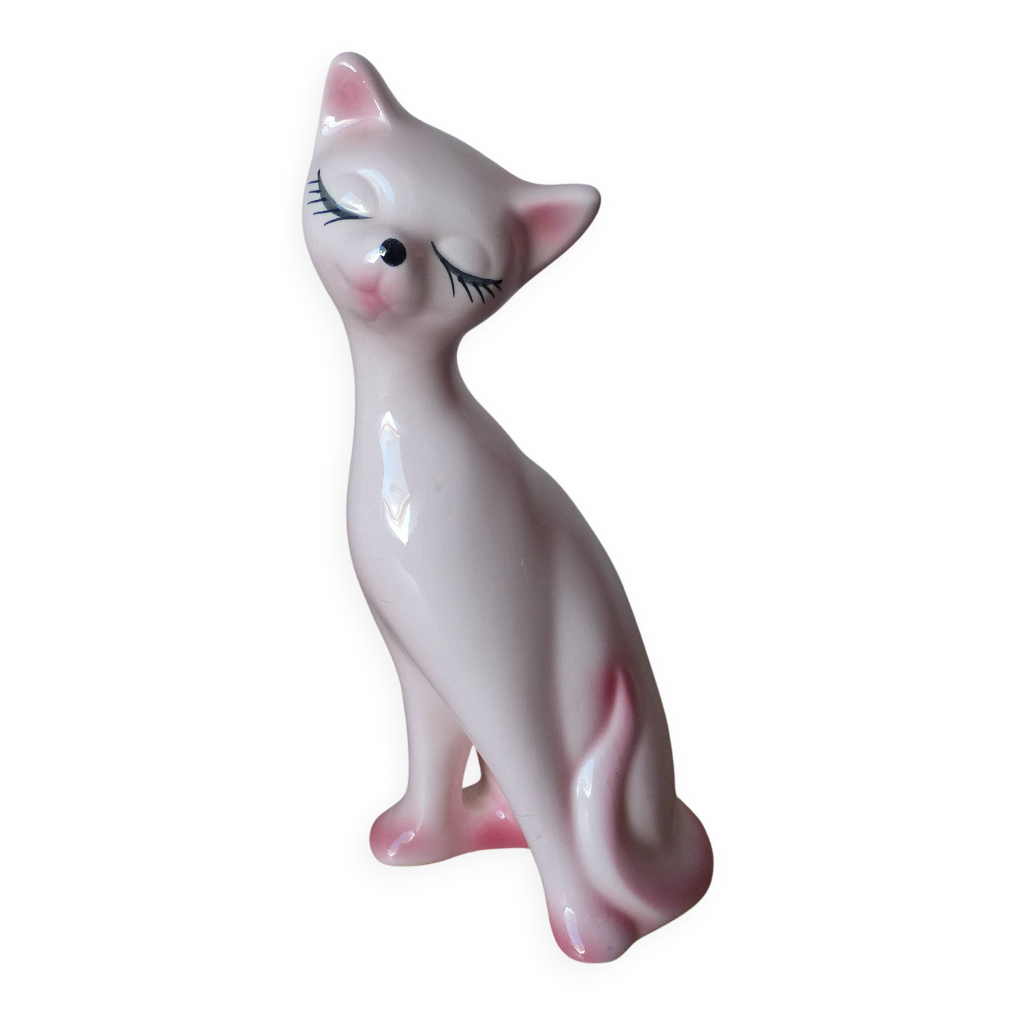 Romantic long-necked cat figurine in pink ceramic, Cat Statuette 1970