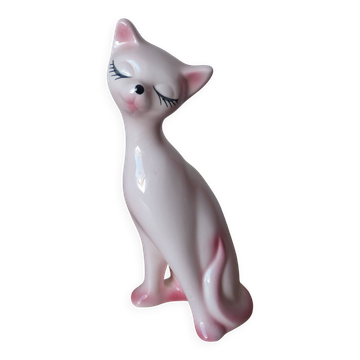 Figurine chat romantique au long cou en céramique rose, Statuette Chat 1970