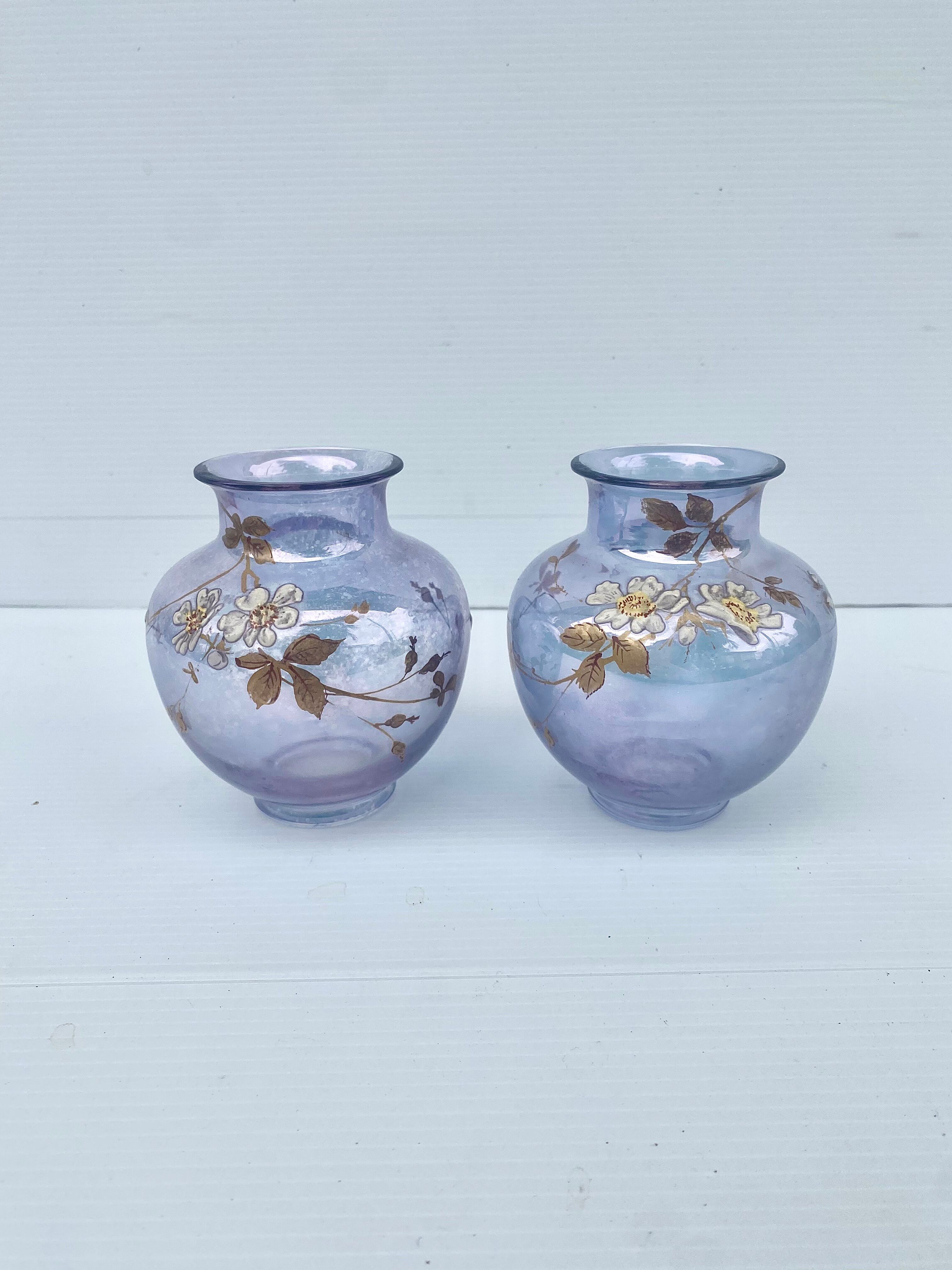 Paire de petits vases art nouveau decor floral émaillé