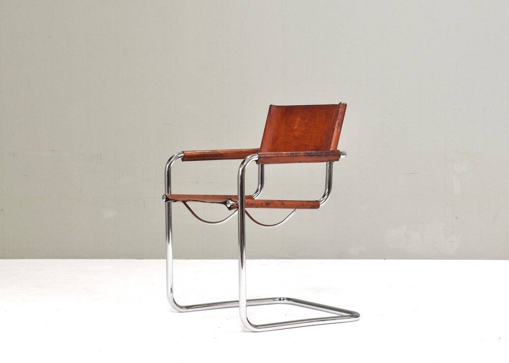 S34 dining armchair in cognac saddle leather by Mart Stam for Fasem, 1970s