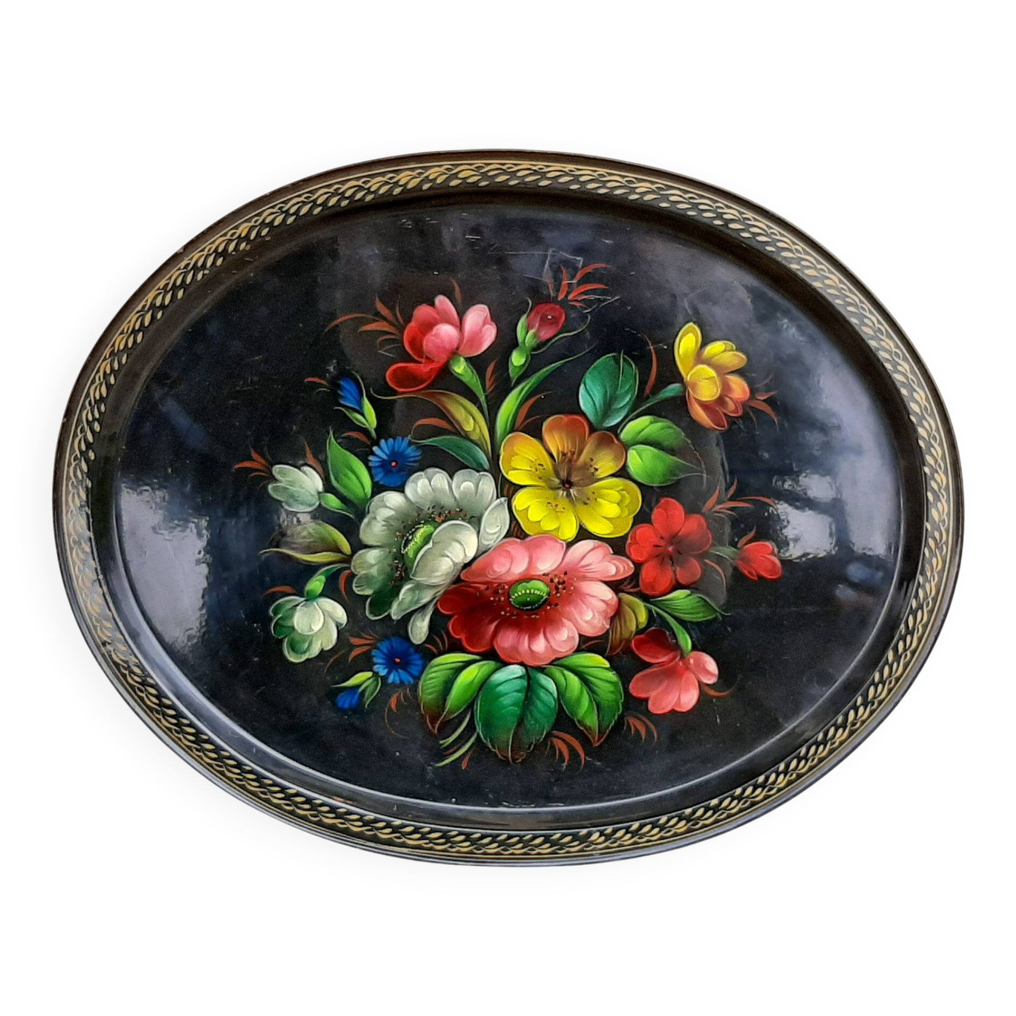 Black lacquered metal tray with multicoloured vintage Russian floral decoration.