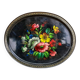Black lacquered metal tray with multicoloured vintage Russian floral decoration.