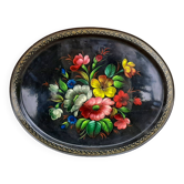 Plateau en tôle laquée noire avec décor floral multicolore vintage russe