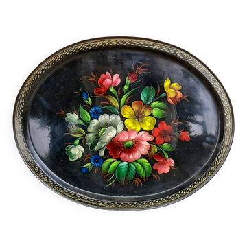 Black lacquered metal tray with multicoloured vintage Russian floral decoration.