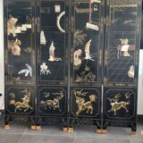 Chinese screen in black lacquer and marble stone