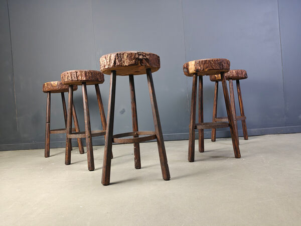 5 tabourets de bar en tronc d'arbre, années 1970