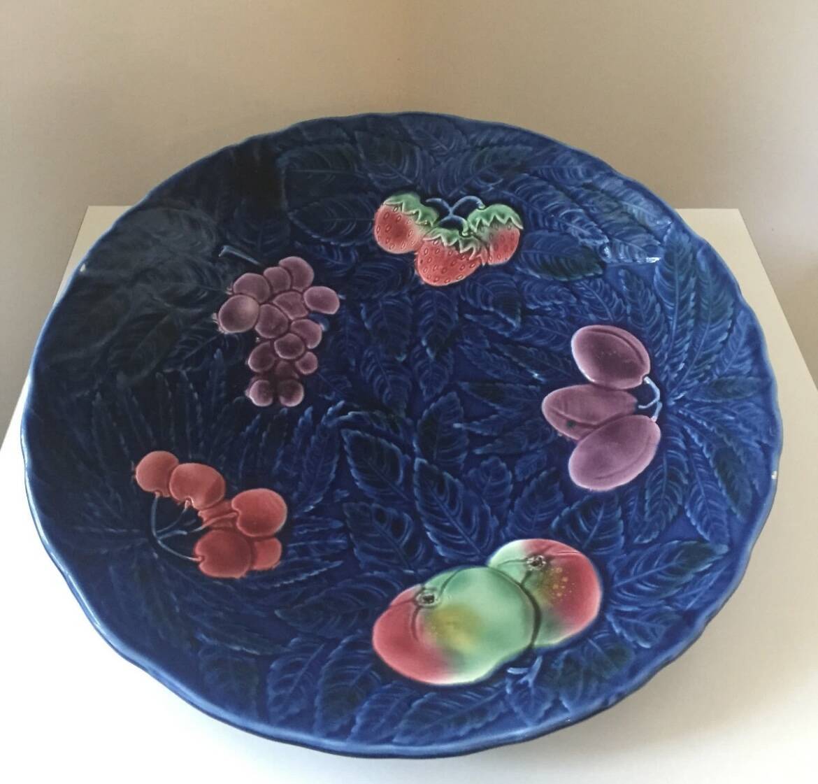 Large Sarreguemines blue slipware fruit bowl