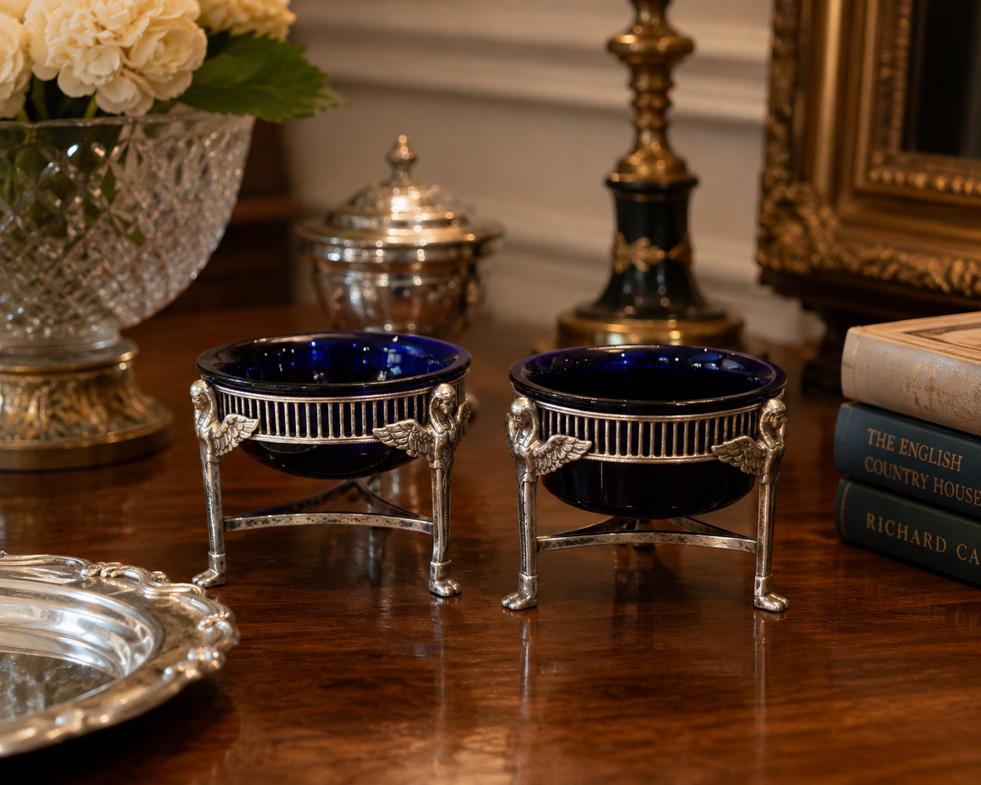 Pair of Vintage Swan-Shaped Salt Cellars, Silver-Plated, with Cobalt Blue Glass Liners
