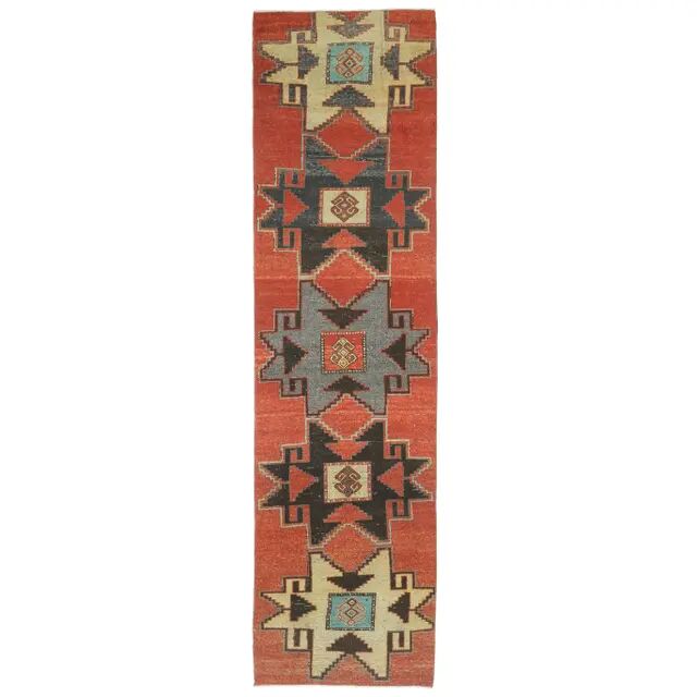 Vintage Turkish Hand-Knotted Wool Cotton Red Runner Rug 81x340