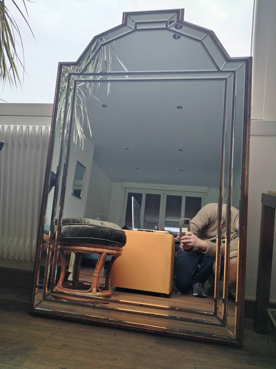 Large Wooden Mirror with Beveled Beads 1970s