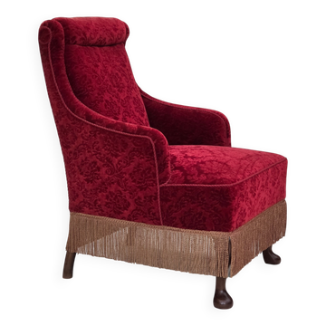 Fauteuil vintage danois des années 1950, velours de mobilier, bois de chêne.