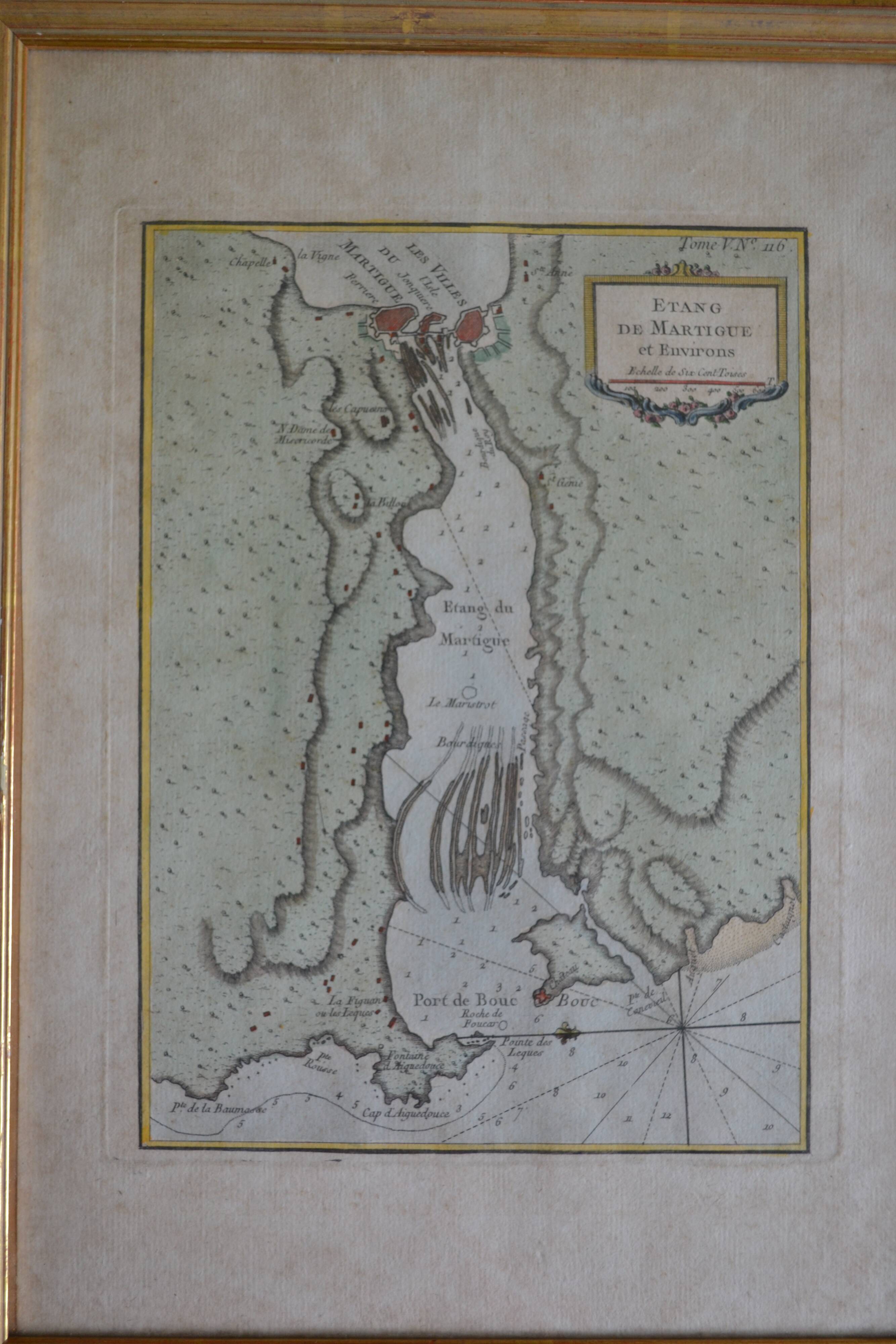 Martigues pond Old geographical map 18th century engraving 1764 by Bellin