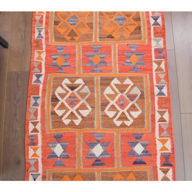 1970s Vintage Turkish Hand-Knotted Wool Cotton Red Runner Rug 96x320