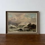 Peinture à l'huile de grand voilier vintage du milieu du siècle