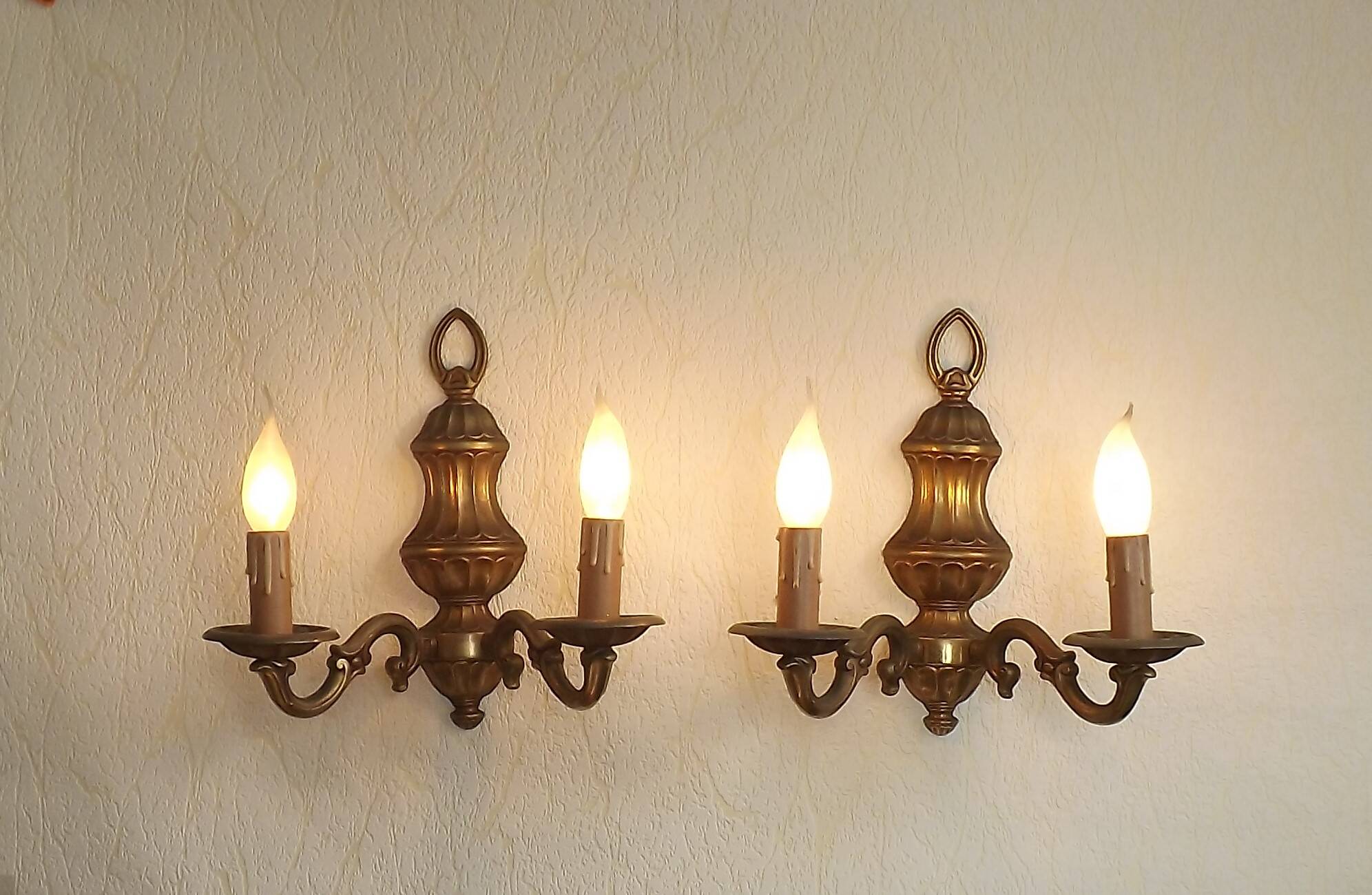 Pair Traditional French Vintage Heavy Brass Empire Style Double Wall Lights