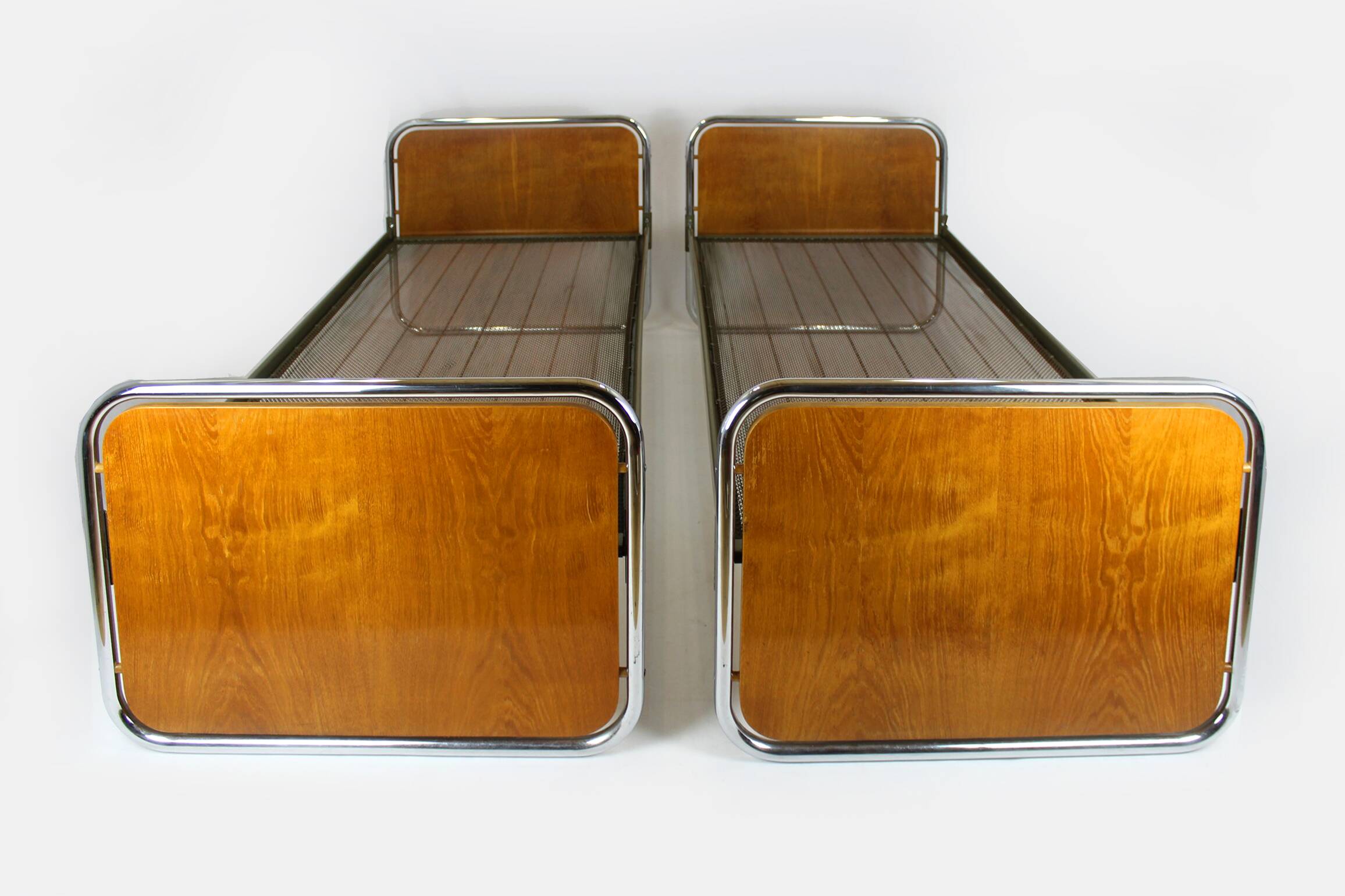 Bauhaus Oak and Tubular Steel Beds, 1940s, Set of 2