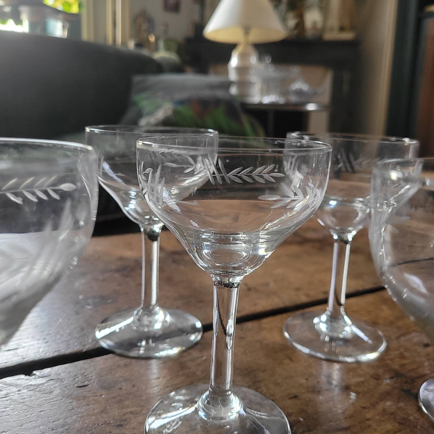 8 vintage stemmed glasses, French glassware, 1950s.