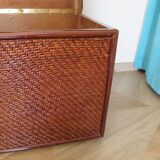 Vintage storage chest - curved - woven rattan - 1970s - mahogany colour