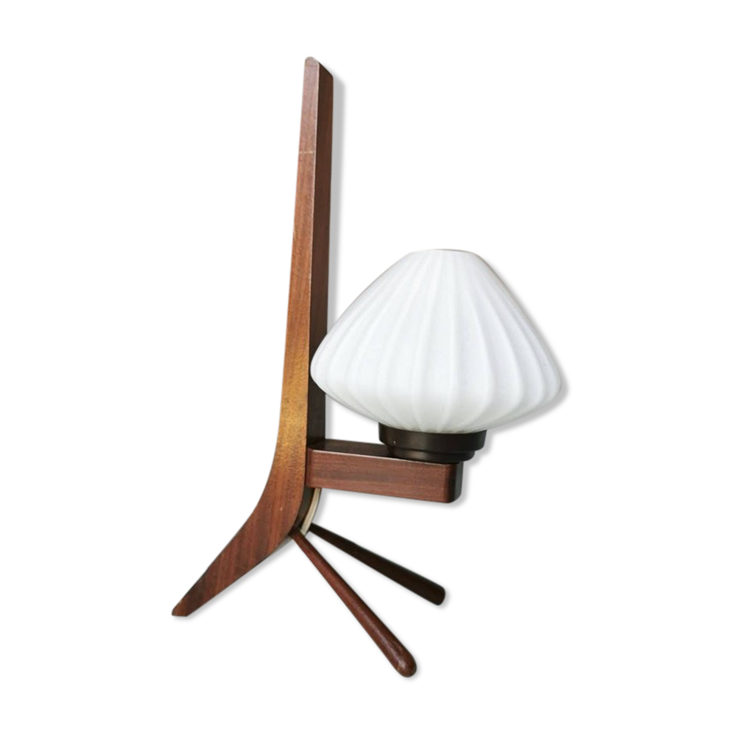 Vintage wooden tripod lamp with pleated glass lampshade, 1970