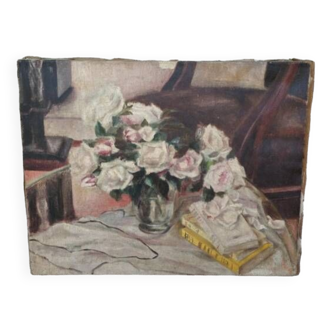 Oil on canvas, roses and books