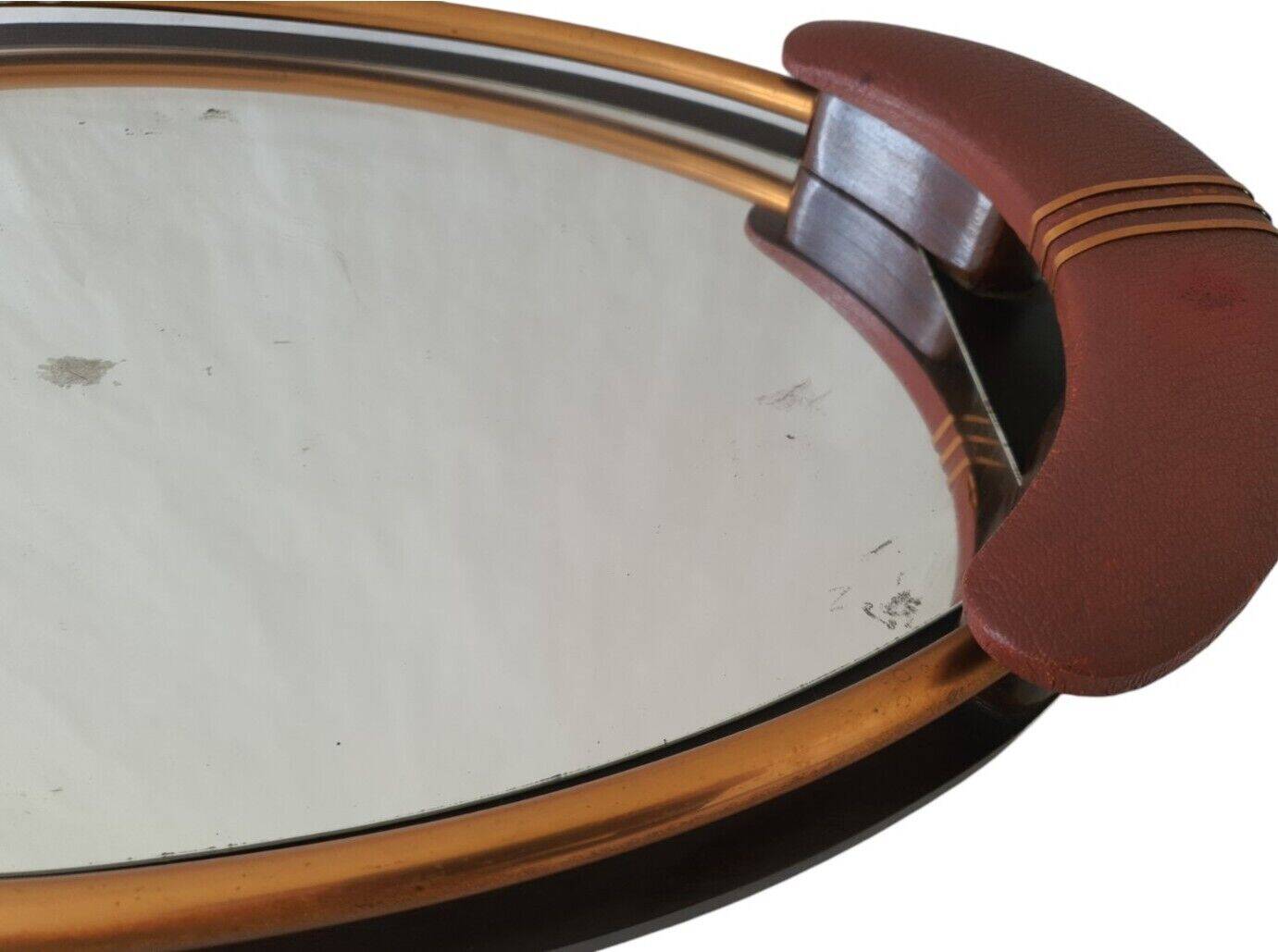 Old Superb Art Deco Style Tray Mirror Handle In Leather Or Faux Vintage