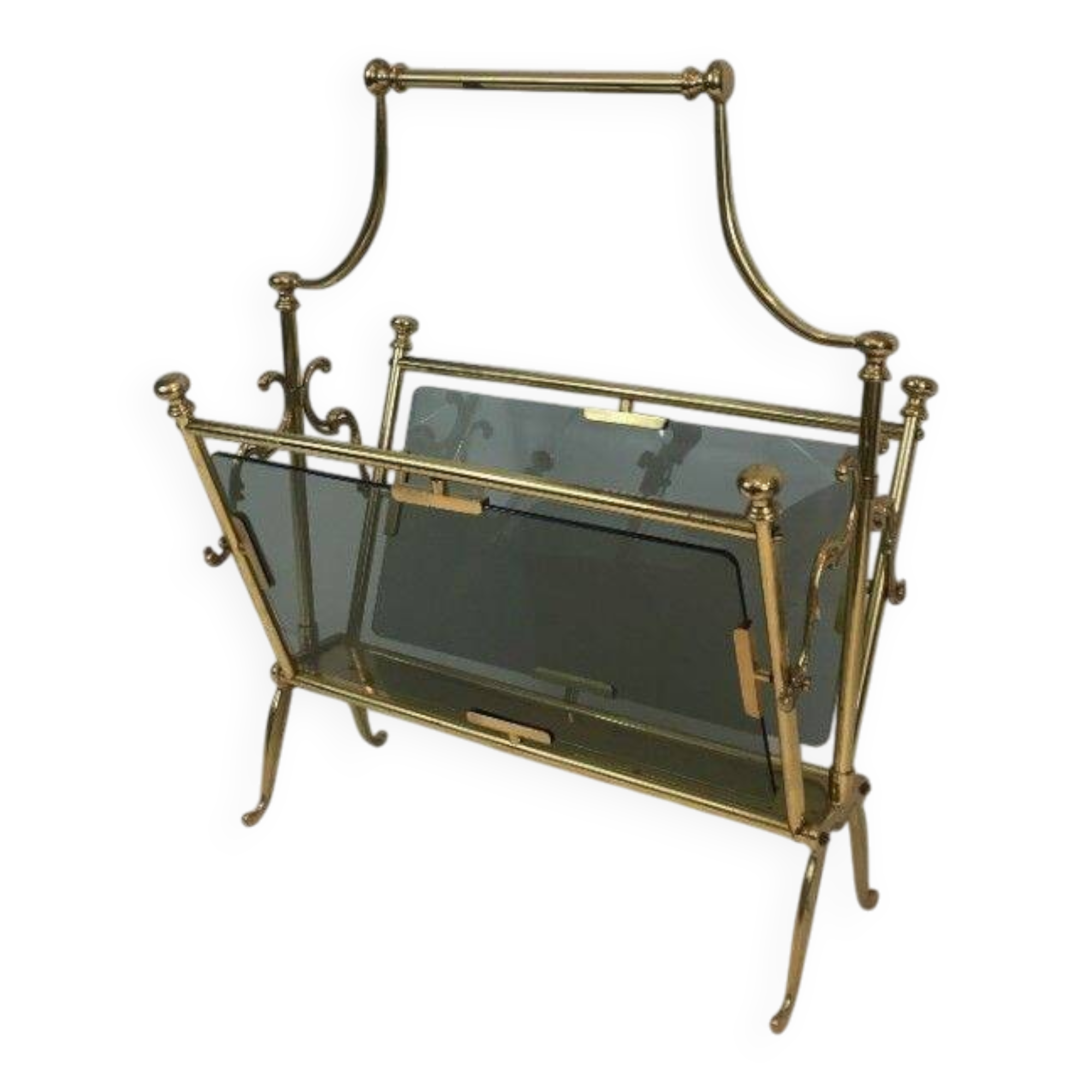 Neoclassical magazine rack in brass and blue glass