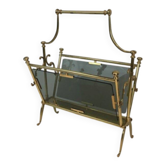 Neoclassical magazine rack in brass and blue glass