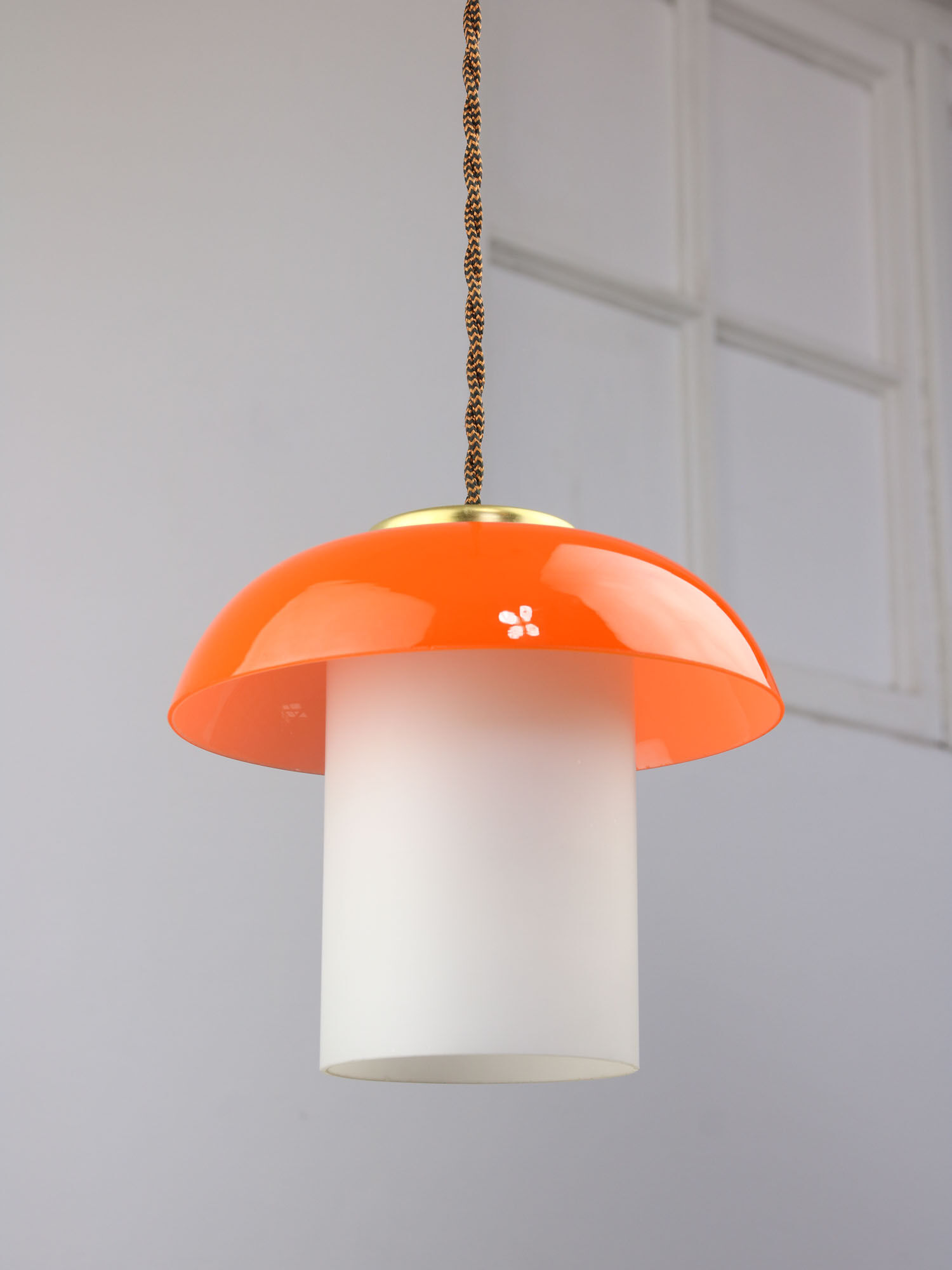 Mid-century orange glass & brass mushroom pendant lamp