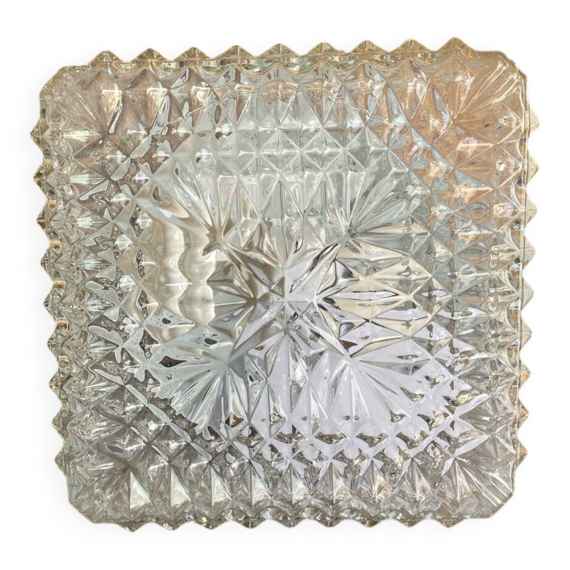 Square Ceiling Light Fixture, Vintage Moulded Glass + White Metal Support #