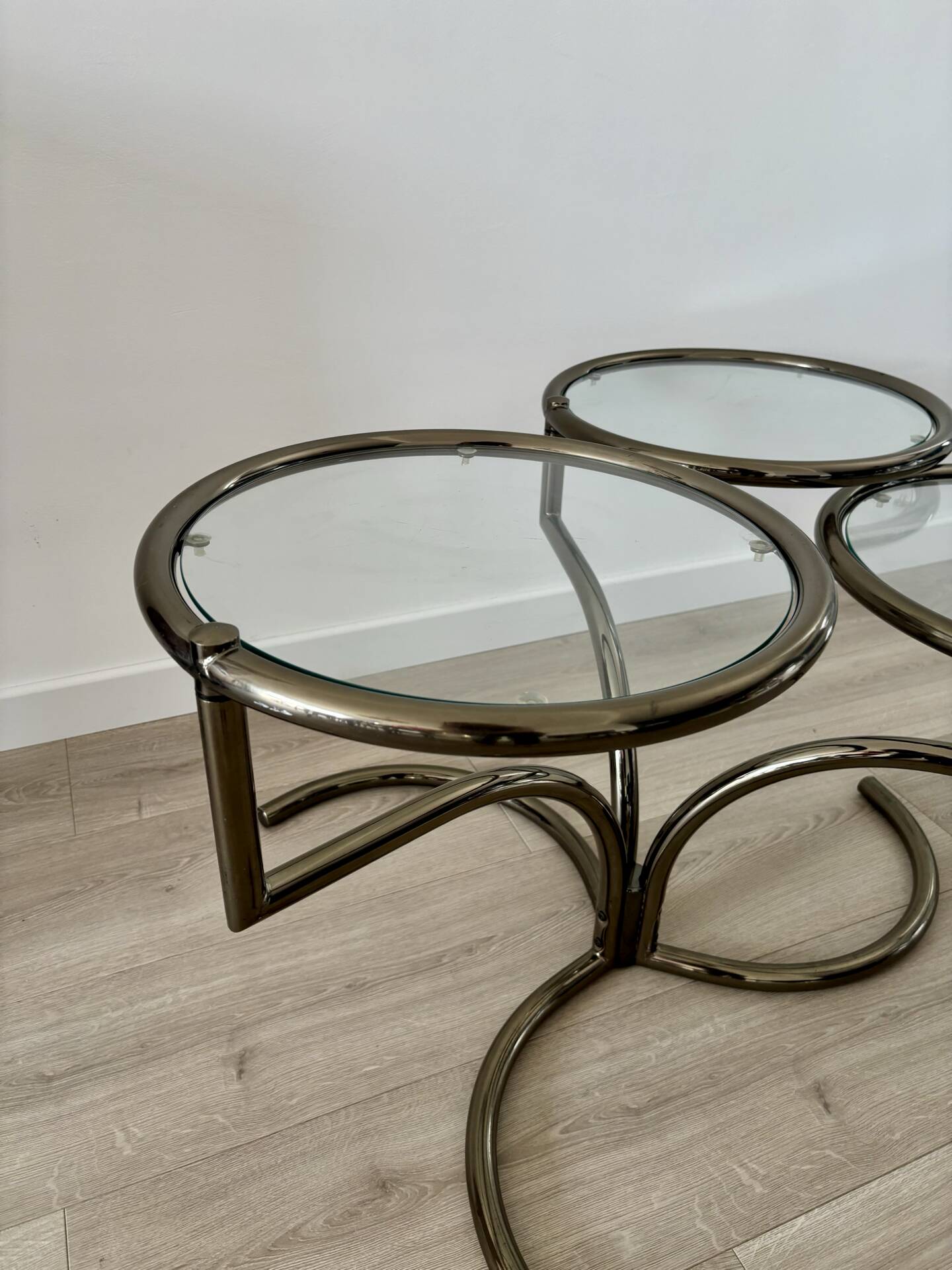 Table basse Morex attribuée à Milo Baughman années 70 3 plateaux