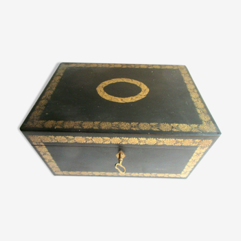 Napoleon III tea box, blackened wood box, gold decoration, with 2 tin boxes